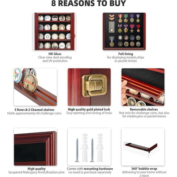 Coin Holder Display Case with HD Tempered Glass, 5 Rows Medal Shadow Box with Removable 2-Groove Shelves Poker Chip Rack for Collectors, Wall Mountable or Tabletop Display, Mahogany
