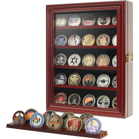 Coin Holder Display Case with HD Tempered Glass, 5 Rows Medal Shadow Box with Removable 2-Groove Shelves Poker Chip Rack for Collectors, Wall Mountable or Tabletop Display, Mahogany