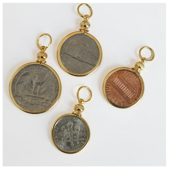 Coin Holders Bezel USA Penny Nickel Dime Quarter Set of 4 Goldtone