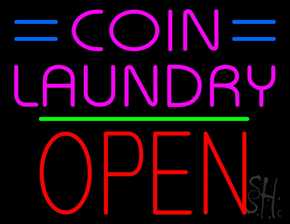 Coin Laundry Block Open Green Line LED Neon Sign 15" Tall x 19" Wide - inches, Black Square Cut Acrylic Backing, with Dimmer - Bright and Premium built indoor LED Neon Sign for Storefront.