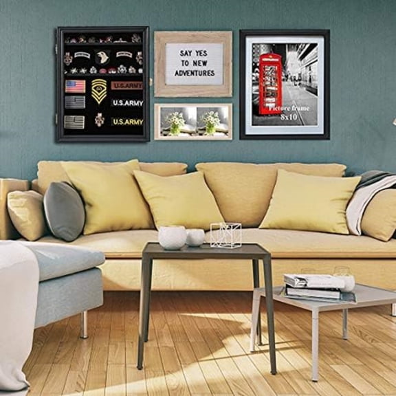 Coin Medals Pins Collector Display Case Lockable Wall Frame Wood Cabinet Black Shadow Box with Removable Shelves and Pinnable Background for Badges Patches Insignia Ribbons Brooches