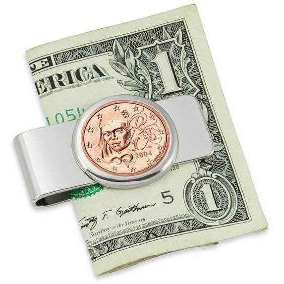 Coin Money Clip - France Five Euro | Brass Moneyclip Layered in Silver-Tone Rhodium | Holds Currency, Credit Cards, Cash | Genuine Coin | Includes a Certificate of Authenticity