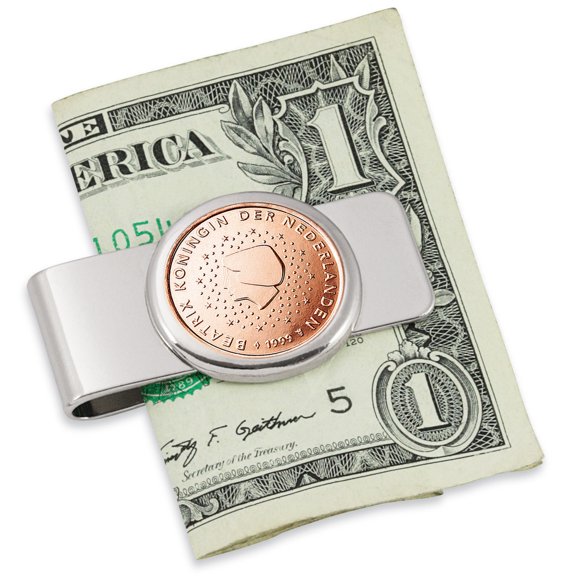 Coin Money Clip - Netherlands Five Cent Euro | Brass Moneyclip Layered in Silver-Tone Rhodium | Holds Currency, Credit Cards, Cash | Genuine Coin | Includes a Certificate of Authenticity