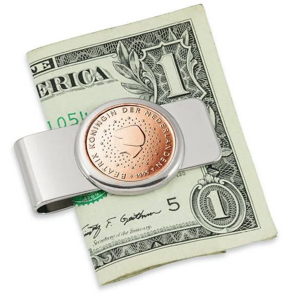 Coin Money Clip - Netherlands Five Cent Euro | Brass Moneyclip Layered in Silver-Tone Rhodium | Holds Currency, Credit Cards, Cash | Genuine Coin | Includes a Certificate of Authenticity