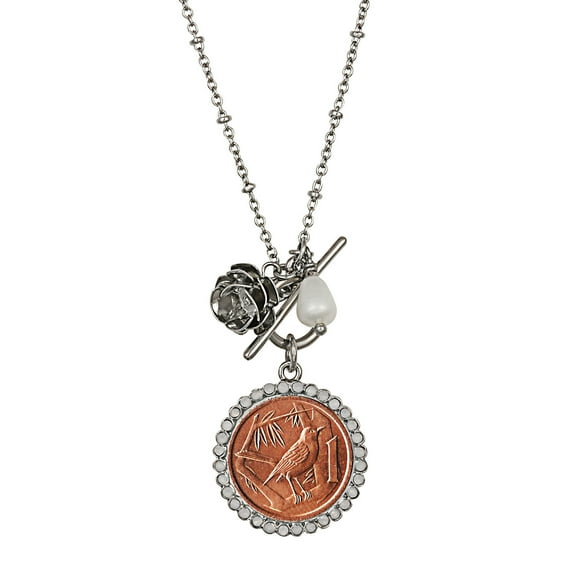 Coin Necklace Pendant Rose– Genuine Thrush Coin | Silvertone Saturn Style Chain and Toggle Clasp | Certificate of Authenticity - American Coin Treasures