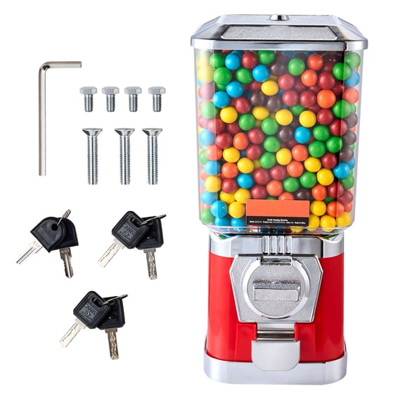 Coin Operated Gumball Machine, 17" Red Bubble Gum Dispenser for Home&Game Stores, Toy Capsule&Candy Vending Machine