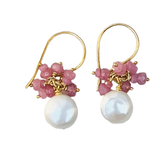 Coin Pearl & Pink Sapphire Cluster Earrings