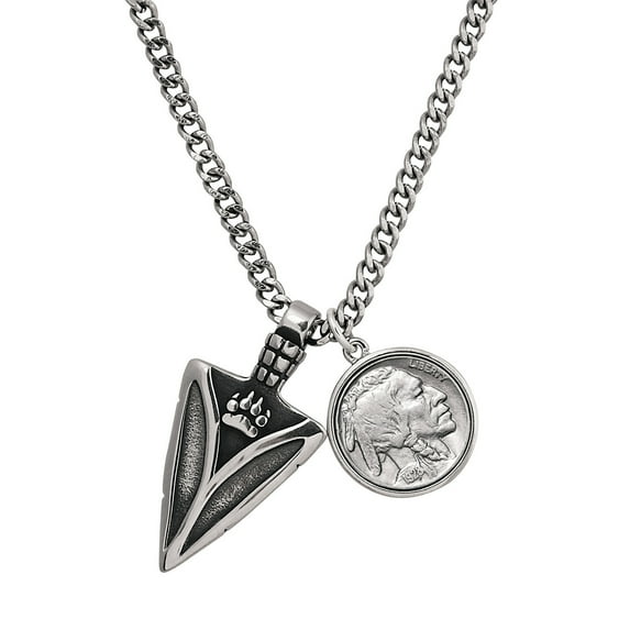 Coin Pendant Buffalo Nickel Arrowhead Stainless Steel With 23 inch S-Curb Chain Necklace