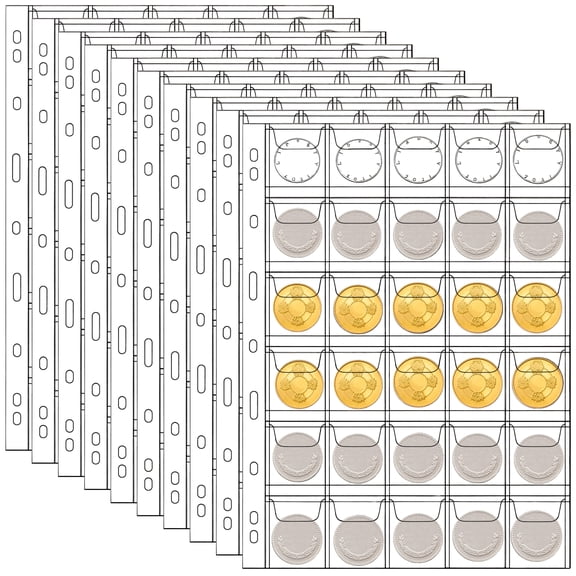 Coin Pocket Pages, 10-Page PVC Coin Collecting Binder Pages, Fits 9-Hole Binders, 30-Pocket Coin Holder Sheets, Protects Coins from Dust and Moisture