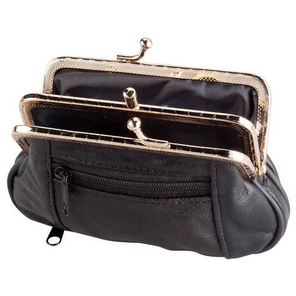 Kisslock Leather Change Purse with Clasp and Zipper Bottom Pouch Black
