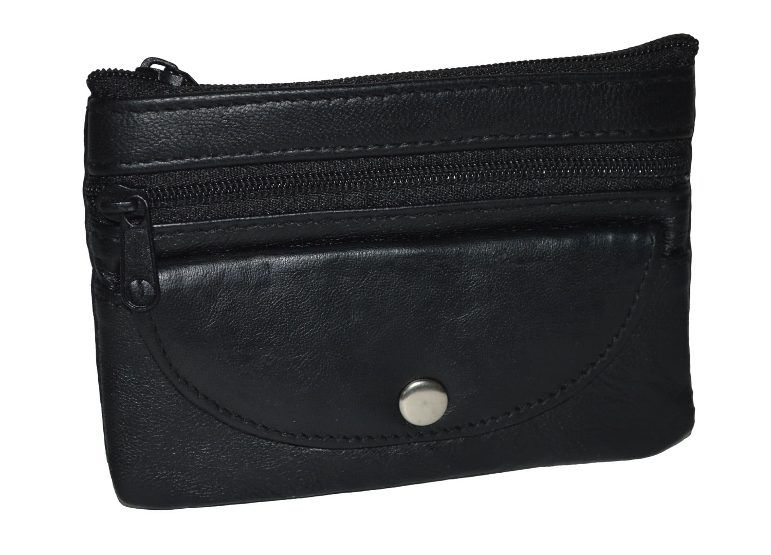 Coin Purse Genuine Leather with 2 zipper pockets and 1 snap pocket