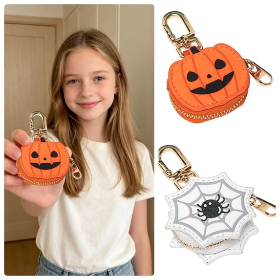Coin Purse Keychain Mini Coin Purse Keychain Halloween Pumpkin Spider Keychain Wallet Purse Bag Charms Leather Coin Pouch for Women