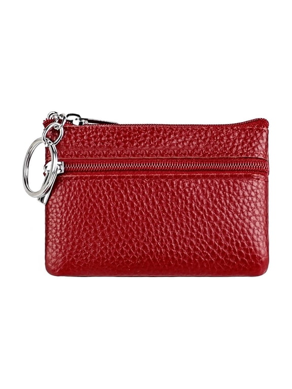 Coin Purse, Leather Zipper Change Purse Slim and Portable Coin Pouch for Daily Use Small Purses for Women-Wine Red