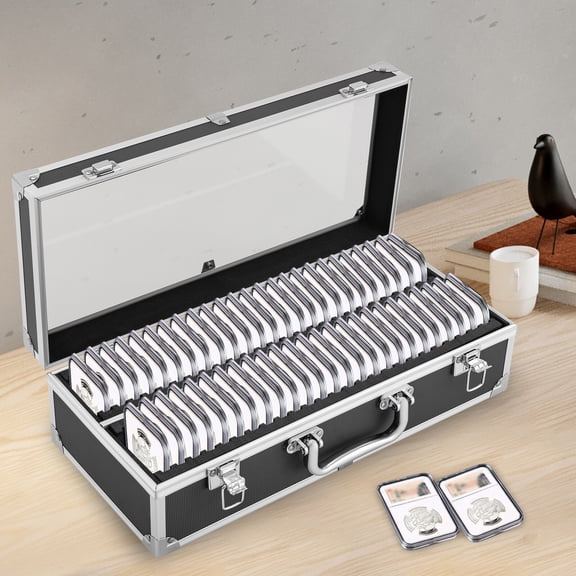 Coin Slab Case for Graded Coins - 50 Slot Capacity with ABS & Aluminum Alloy Protective Storage Box, Clear Lid & Secure Latches