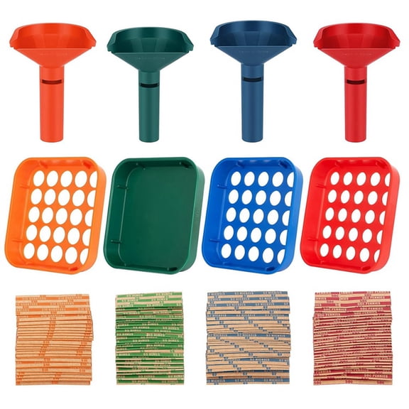 Coin Sorter Tray & Coin Sorter Tube 4 Color Coded Coin Separator Trays with 100 PCS Coin Wrappers Assorted