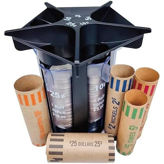 Coin Sorter Tube Coin Counter with Coin Wrappers, 5-in-1 Change Sorter Change Counter Machine, Coin Organizer & Coin Holder Coin Roller, Use with Coin Bank Coin Jar, Sort Quickly & Accurate$$Office