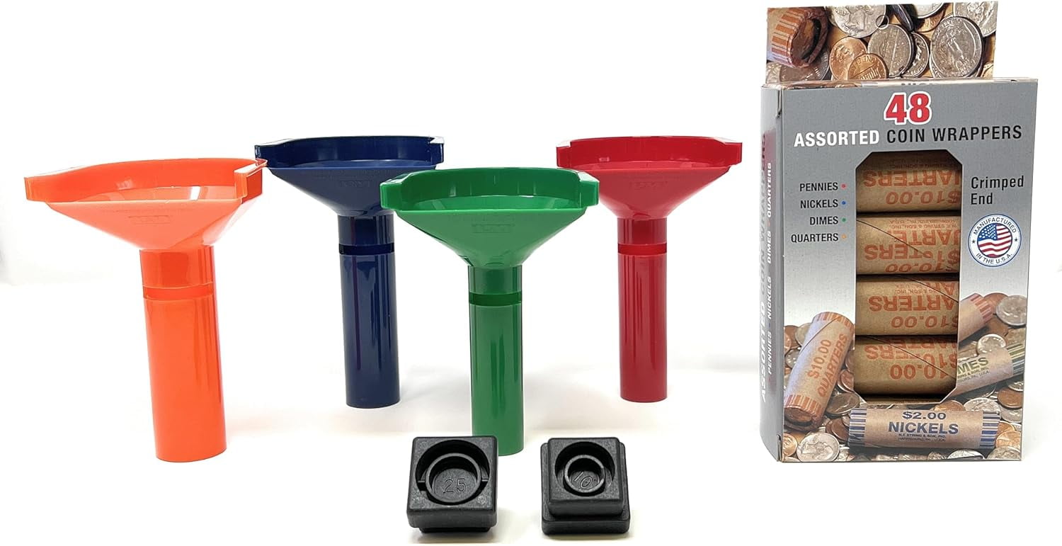 Coin Sorter Tubes, Assorted Preformed Coin Wrapper Rolls, And NCrimp