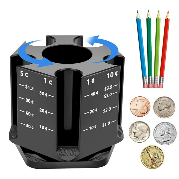 Coin Sorter with Pen Holder, Rotatable Coin Counter Change Sorter, 2 in 1 Coin Organizer Pencil Holder, Piggy Bank for Adults