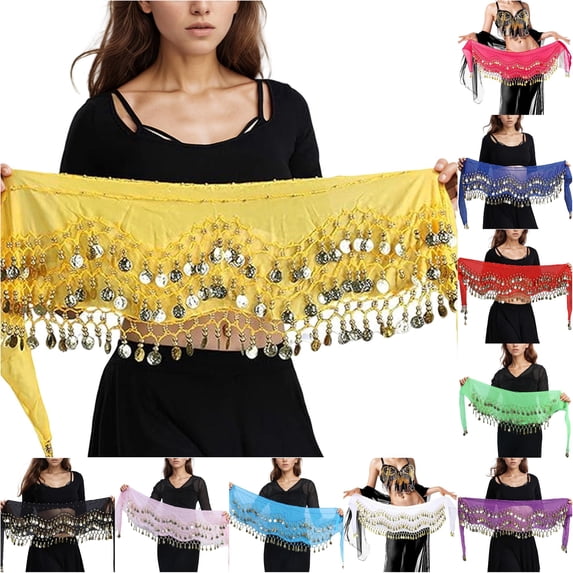 Coins Belly Dance Scarf Women's Yellow Chiffon Belly Dancing Scarf Tribal Belt Rave Halloween Skirt Accessory