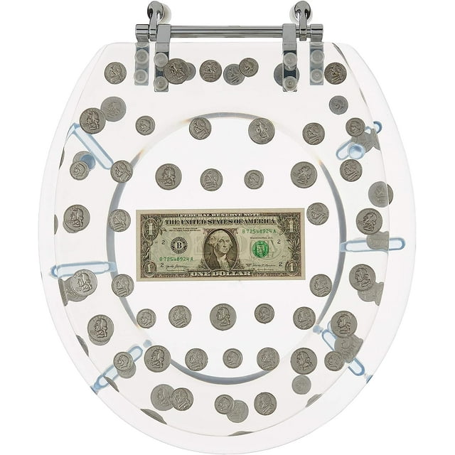 Standard Round Toilet Seat with Money Design, Resin, Chrome Hinges