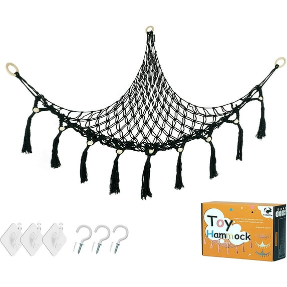 Coipdfty Stuffed Animal Net or Hammock,Boho Stuffed Animal Hammock with Tassels,Corner Plush Toy Storage Display Net Holder,for Play Room,Nursery Toy Hammock 44in,Black