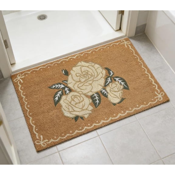 Coir Door Mat, Delicate Rose Floral Print Entryway Floor Mats with Non-Slip Backing, Indoor Outdoor Mat for Front Door Decor, Door Mat, Welcome Mats with Chelsea Flower Print,18x30in