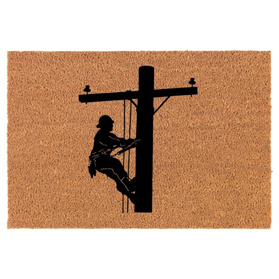 Coir Doormat Front Door Mat New Home Closing Housewarming Gift Lineman Electric Pole Climber (24" x 16" Small)