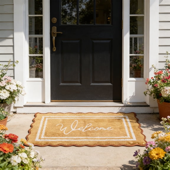 Coir Welcome Door Mat, Scalloped Edge Non-Slip Dirt Trapper Rug, Durable Indoor Outdoor Entryway Mat for Front Door, Patio, Bathroom & Farmhouse Home Decor (16"×24")