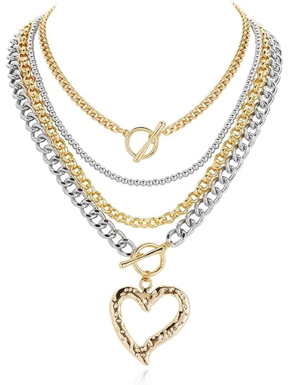 3ps Mixed Metal Necklace for Women Gold and Silver Two Tone Layered Paperclip Necklaces Sun Moon Star Pendant Chunky Stacked Chain Trendy Statement Jewelry Gift