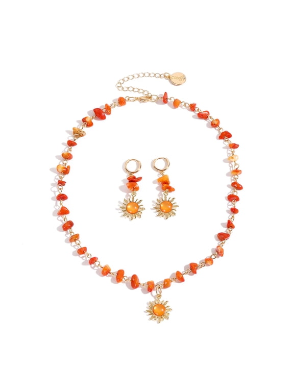 Boho Sun Jewelry Set for Women - Bohemian Orange Healing Nature Crystal Stone Choker Necklace Dangle Drop Earrings - Hippie Cool Summer Beach Set for Women (ST0022-Orange)