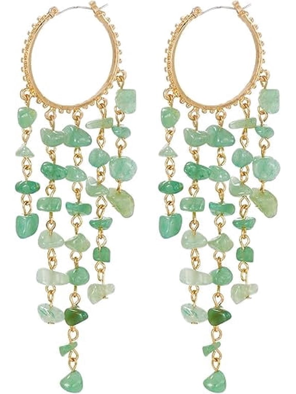 Chandelier Earrings for Women Natural Stone Beaded Long Tassel Fringe Hoop Dangle Dangling Drop Earrings Jewelry Gift