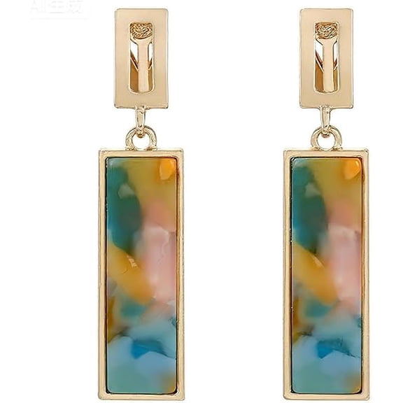Coiris Clip on Dangle Earrings for Women Colorful Rectangle Geometric Resin Dangle Boho Hypoallergenic Nonpierced Earrings for Sensitive Non-Pierced Ears