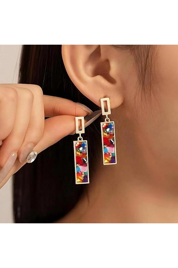 Clip on Dangle Earrings for women Colorful Rectangle Geometric Resin Dangle Boho Hypoallergenic Nonpierced Earrings for Sensitive Non-Pierced Ears