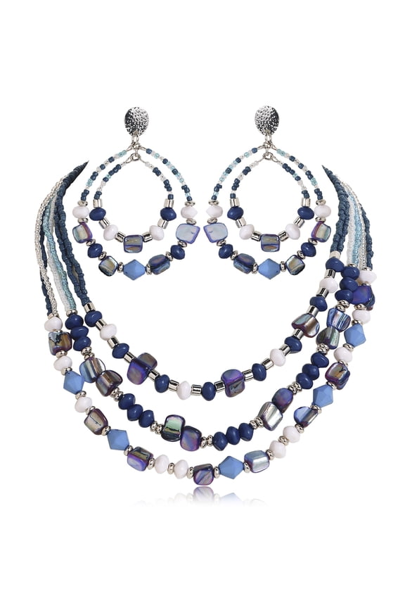 Layered Shell Beaded Necklace Earrings Jewelry Sets for Women Colorful Handmade Statement Chunky Costume Boho Fall Necklaces Earrings Jewelry Sets for Women