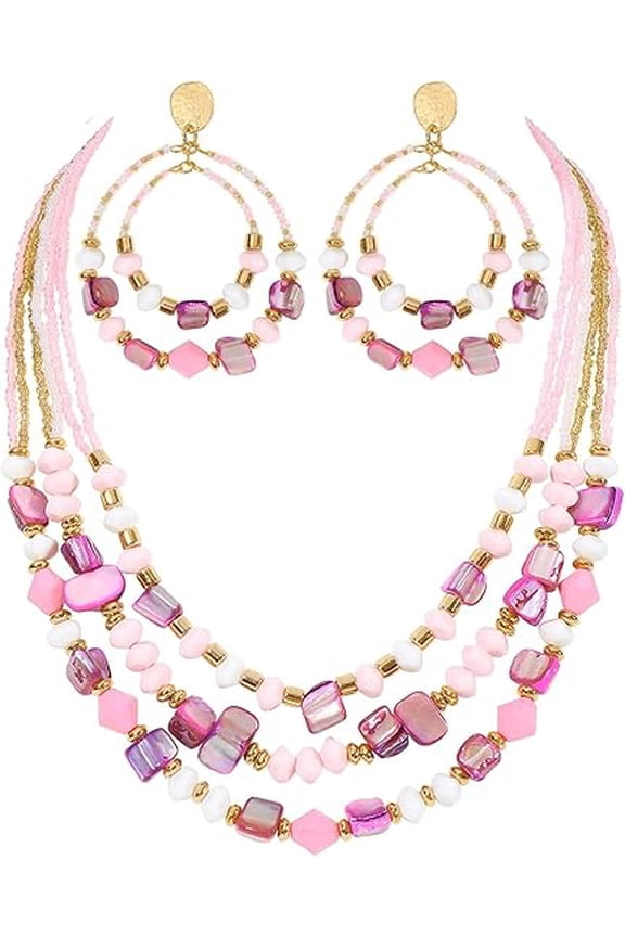 Layered Shell Beaded Necklace Earrings Jewelry Sets for Women Colorful Handmade Statement Chunky Costume Boho Fall Necklaces Earrings Jewelry Sets for Women