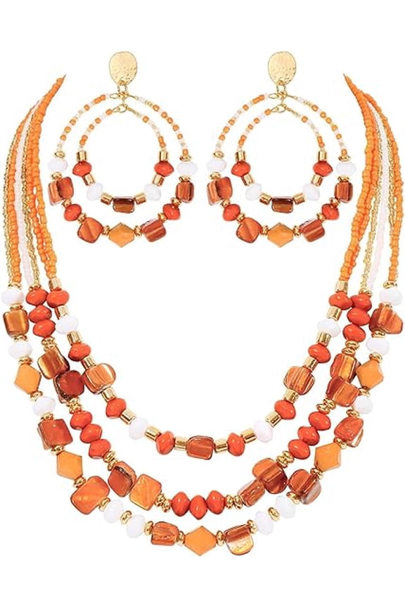 Layered Shell Beaded Necklace Earrings Jewelry Sets for Women Colorful Handmade Statement Chunky Costume Boho Fall Necklaces Earrings Jewelry Sets for Women