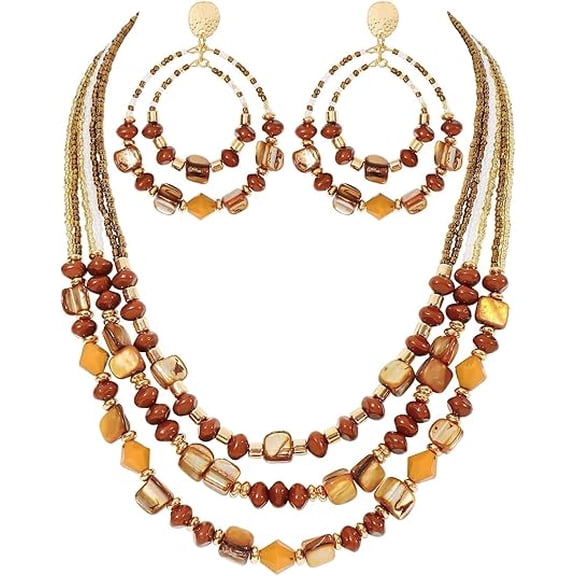 Coiris Layered Shell Beaded Necklace Earrings Jewelry Sets for Women Colorful Handmade Statement Chunky Costume Boho Fall Necklaces Earrings Jewelry Sets for Women