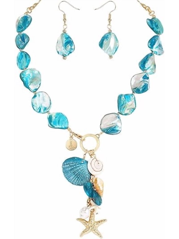 Natural Seashell Choker Necklaces Earrings Jewelry Set for Women Starfish Shell Freshwater Pearl Collar Necklaces for Women Irregular Mother of Pearl Jewelry Set(ST0023-Blue)