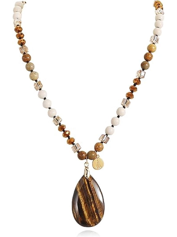 Pendant Necklace for Women Boho Long Natural Stone Beaded Statement Handmade Colorful Pendant Necklace Jewelry Gift for Women