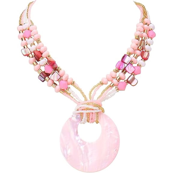 Coiris Shell Pendant Statement Strand Necklace for Women Boho Multi Beads Natural Stone Colorful Necklace Bohemian Handmade Chunky Shell Beaded Collar Jewelry for Women(N0129-Brown)