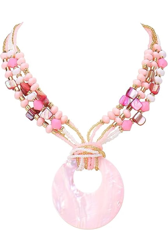 Shell Pendant Statement Strand Necklace for Women Boho Multi Beads Natural Stone Colorful Necklace Bohemian Handmade Chunky Shell Beaded Collar Jewelry for Women(N0129-Brown)