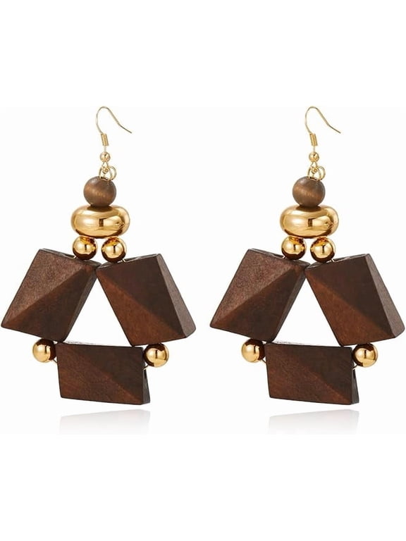 Wooden Dangle Earrings for Women Boho Irregularly Exaggerated Wooden Beaded Earrings