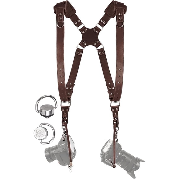 Coiro Camera Harness for 2 Cameras – Dual Shoulder Leather Camera Strap – Double Camera Harness for DSLR/SLR, Brown.