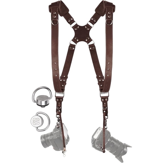 Coiro Camera Harness for 2 Cameras – Dual Shoulder Leather Camera Strap – Double Camera Harness for DSLR/SLR, Brown.