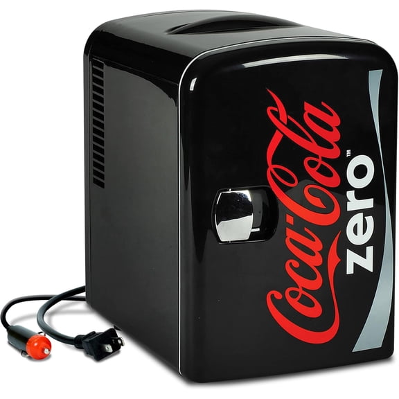 Coke Zero Mini Fridge - Refrigerator for Bedroom Skincare Office, Portable Table Top Beverage Cooler, 12V 110V Refrigerador For Drinks, Soda, Wine, Use In Car, Dorm, Outdoor, Patio, 6 Can