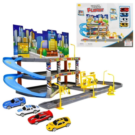 Cokos Deluxe Urban Parking Adventure Track Set with 4 Free-Wheel Cars - Large Size