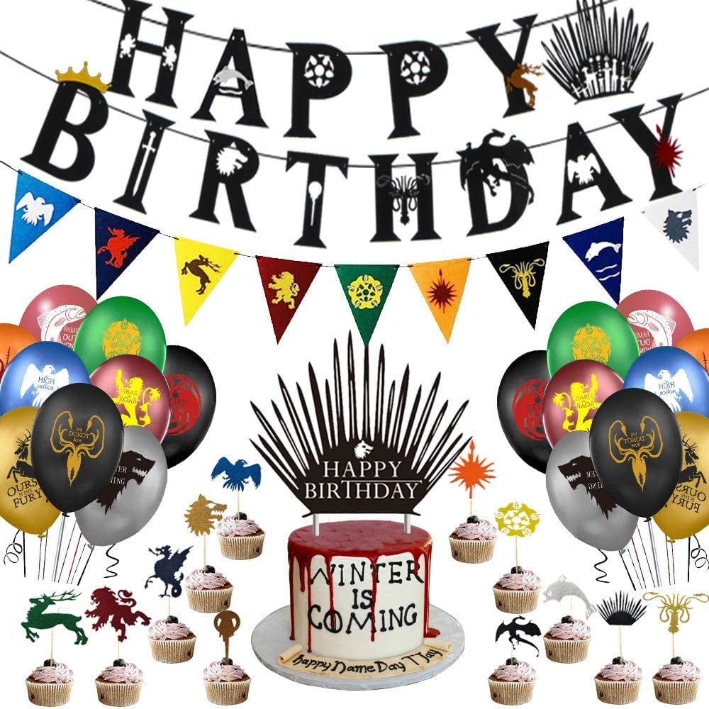 Col-party Game of Thrones Birthday Banner, GOT Banner, Cake and Cupcake Toppers, Balloons for GOT Birthday Party Supplies Decorations, 63PCS IN ALL