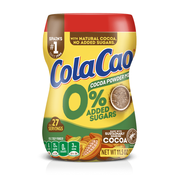Cola Cao Cocoa Powder Mix 0% Added Sugars, 11.5oz (325g). Made with Natural and Sustainably Sourced Chocolate.