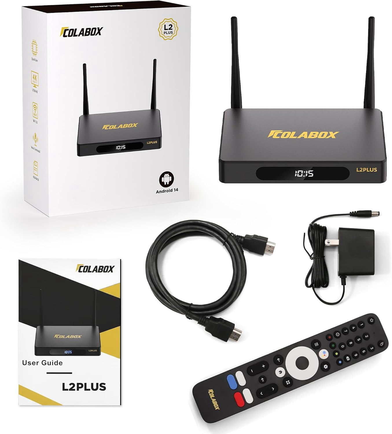 Colabox L2 PLUS Smart TV Box 2026 New Version Android 14, 4GB RAM, 64GB Storage Version Voice Control, 4K HDMI&Ethernet Cable ( Lifetime Tech Support,Easy Setup)