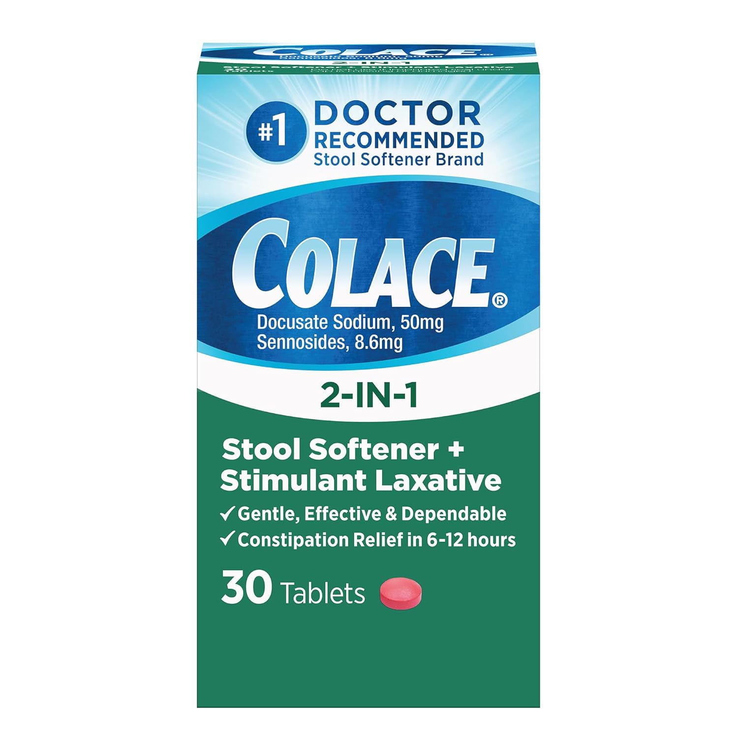 Colace 2-in-1 Stool Softener & Stimulant Laxative Tablets Constipation Relief (6-12 Hours) 30 Count